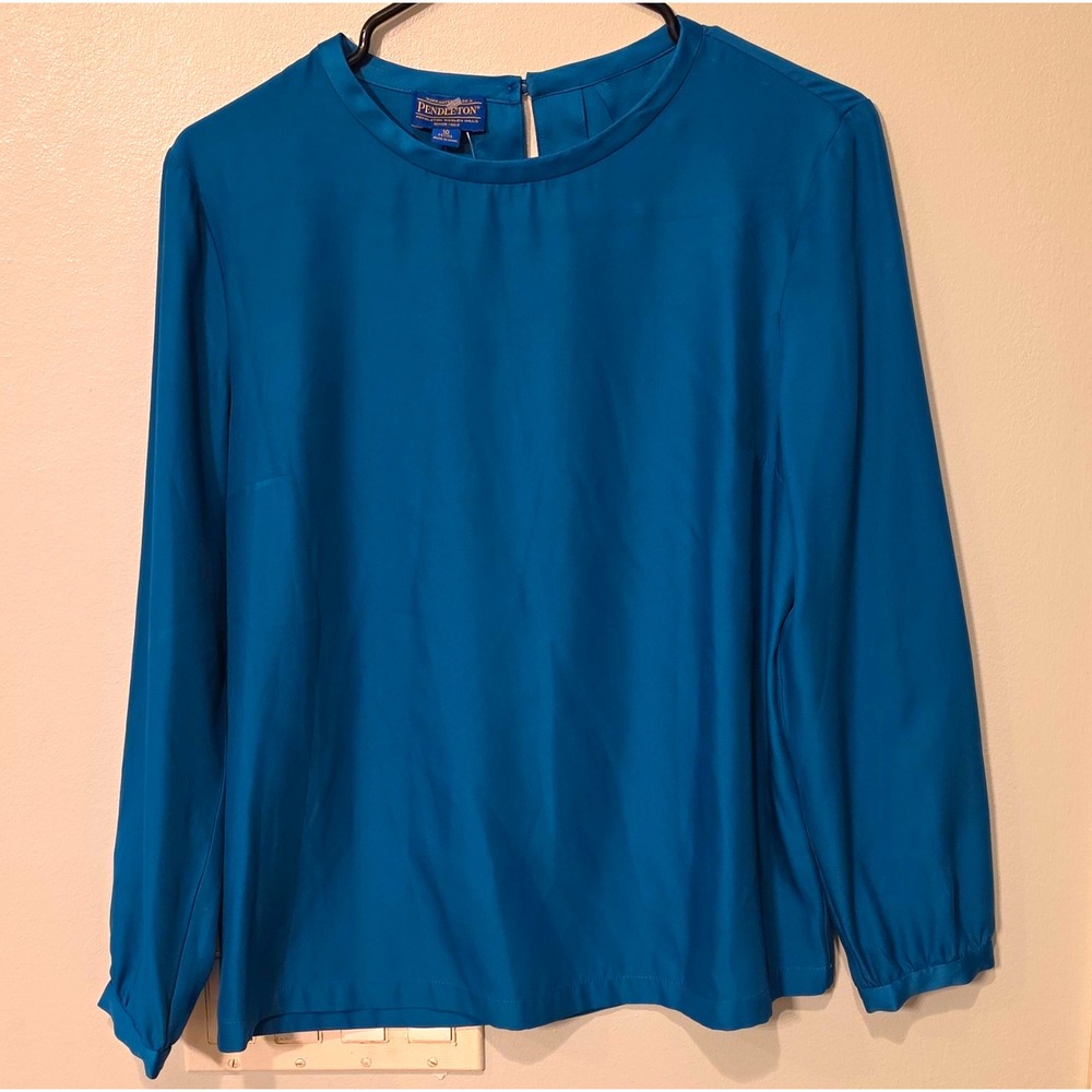 Pendleton Blue Solid Woven Round Neck Long Sleeve Zip Blouse Women Size 10 #368